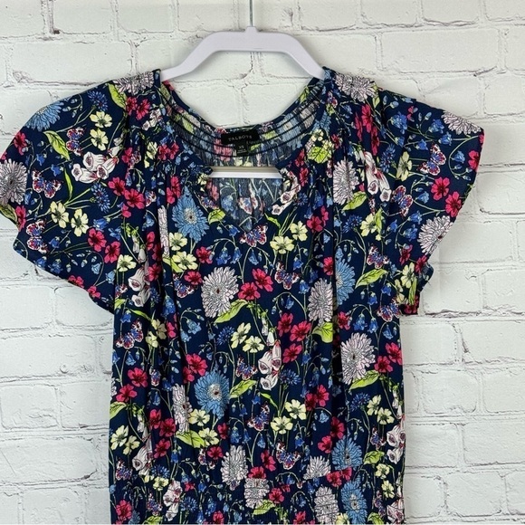 Talbots Smocked Split Neck Dress Knee Length Fit & Flare Floral Print XS - Picture 2 of 8